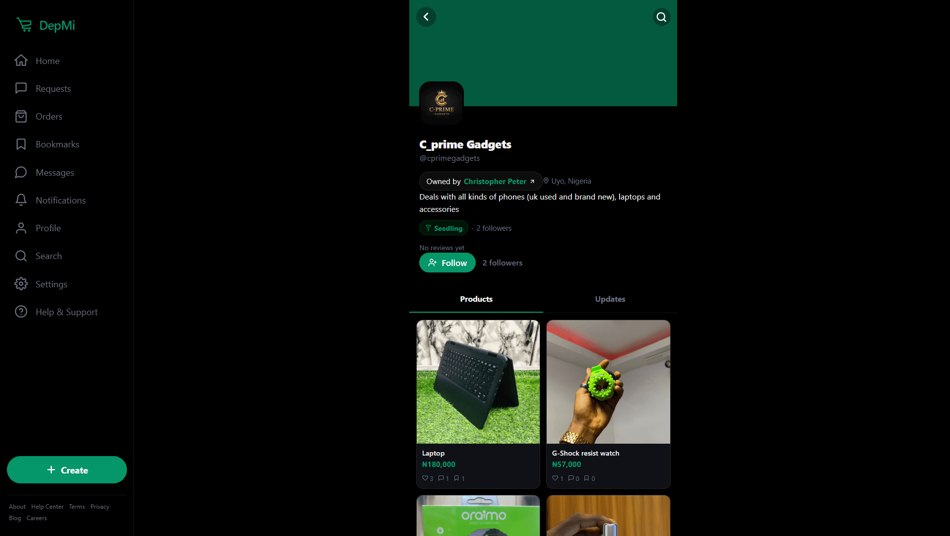 C_prime Gadgets store on DepMi showing phones, laptops and accessories with Deps credibility badge